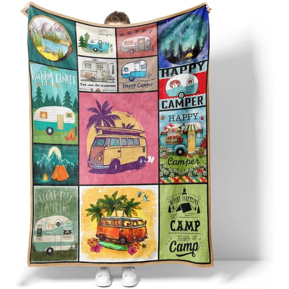 Camping Blanket RV Travel Happy Camper Throws Super Soft Warm Plush Blankets Camp Lovers Campsite Outdoors Hiking Bed Sofa Couch, 30x40in Fleece Blanket