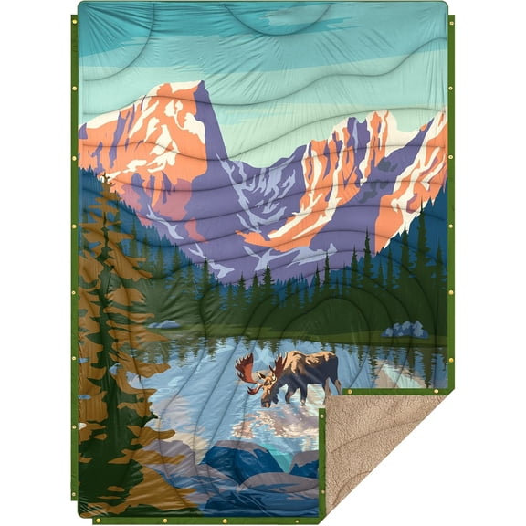 Camping Blanket with Sherpa Lining Extra Warm Thick Puffy Ultralight Soft Poncho DWR Quilt 78 x 56 Inches Purple Deer Language