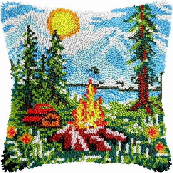 Camping Bonfire Latch Hook Pillow Cover Kits for DIY Handmade Throw Pillow Cross Stitch Latch Hooking Pillowcase Kits with Preprinted Color Pattern Canvas Crochet Yarn Kits 17''X 17''(a30)