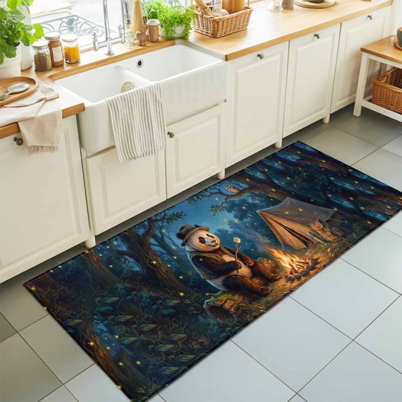 Camping Bonfire Panda Rectangle Area Rug 2x6ft,Living Room Rug Non-Slip Washable Circle Rugs Pad,Nighttime Firefly Owl Soft Floor Carpet for Bedroom Dining Room