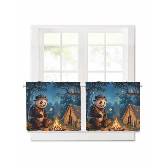 Camping Bonfire Panda Short Blackout Curtains 30 Inch Long,Nighttime Firefly Owl Rod Pocket Kitchen Curtains,2 Panels Thermal Insulated Room Darkening Drapes for Bedroom,30"W x 30"L