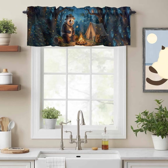 Camping Bonfire Panda Valances for Windows,Kitchen Valance Rod Pocket Short Curtain, Nighttime Firefly Owl Valance Curtain Window Valances for Bedroom Bathroom Living Room 54x18in