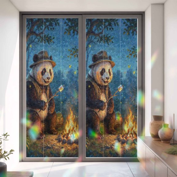 Camping Bonfire Panda Window Privacy Film, Rainbow Film Decorative Window Sticker 35.4x78.7in, Nighttime Firefly Owl Sun Blocking Static Stained Glass Cling Tint Non-Adhesive