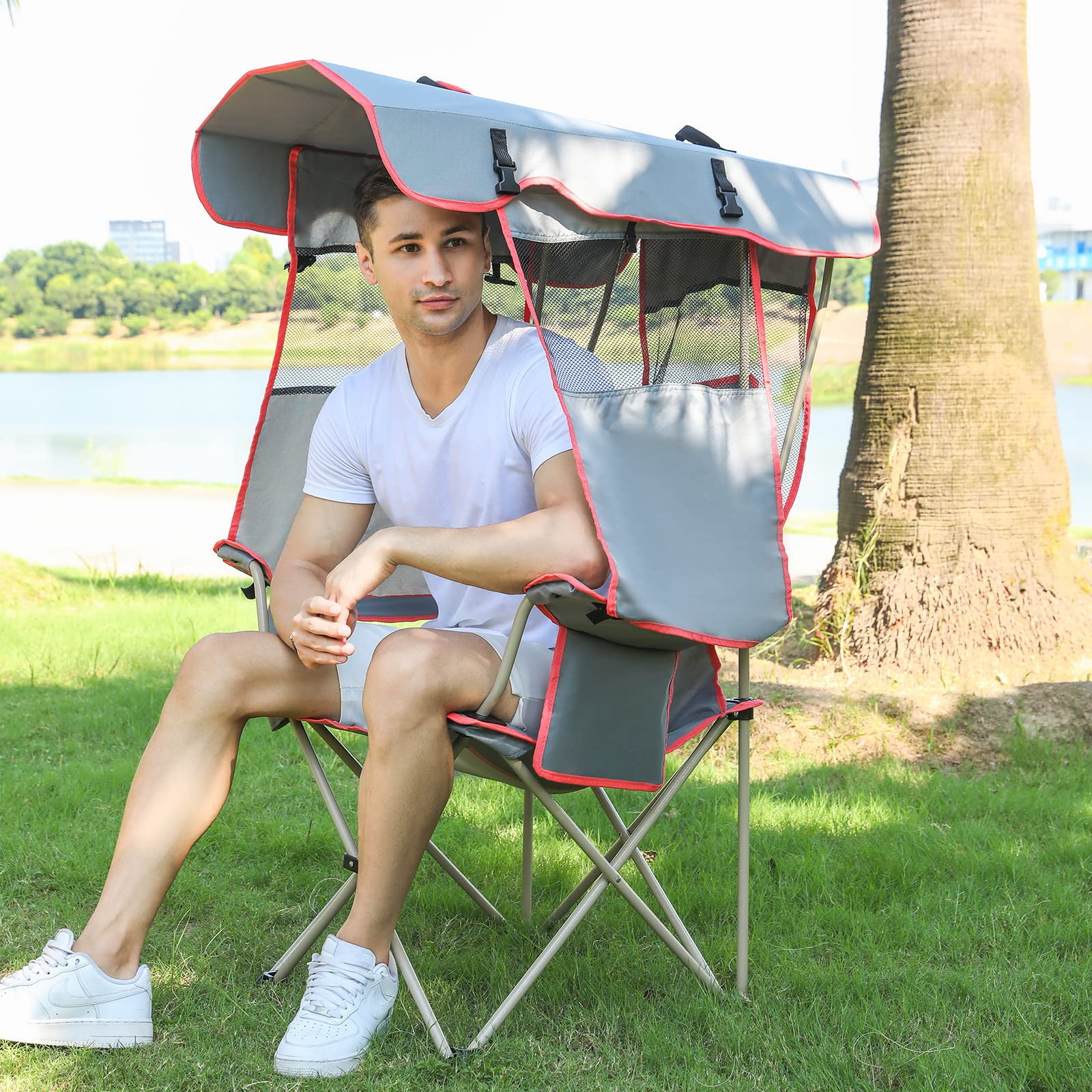 Camping Brothers Camping Chair with Shade Canopy Outdoor Folding Patio Chair Includes Retractable Sun Shade Cup Holder Side Pockets Gray