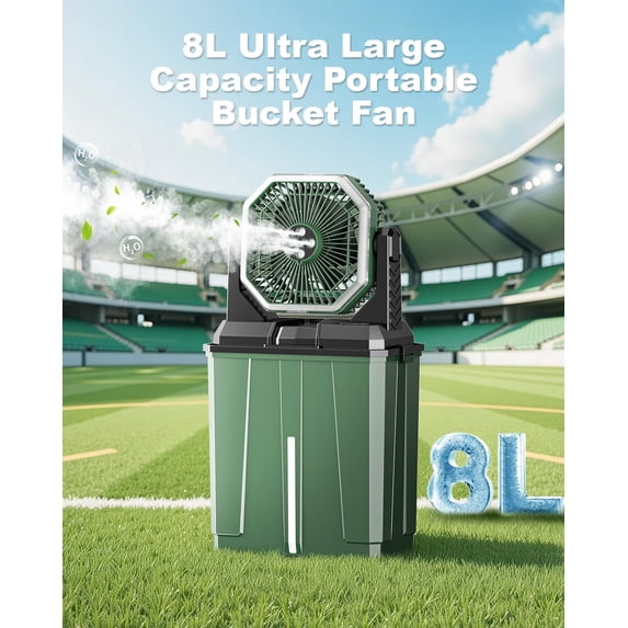Camping Bucket Misting Fan with 8L Water , 24000mAh Rechargeable Outdoor Fan, 3-Speed LED Lighting & 2 Spray Modes