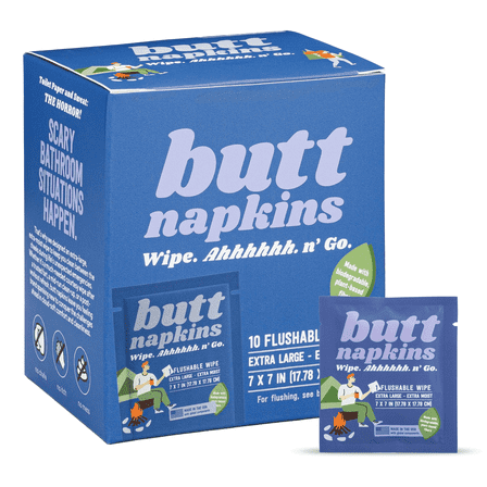 Camping Butt Napkins, 10 Individually Wrapped, Water-Based Flushable Wipes, Unscented