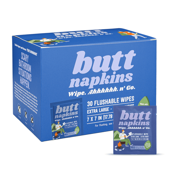 Camping Butt Napkins, 30 Individually Wrapped, Water-Based Flushable Wipes, Unscented