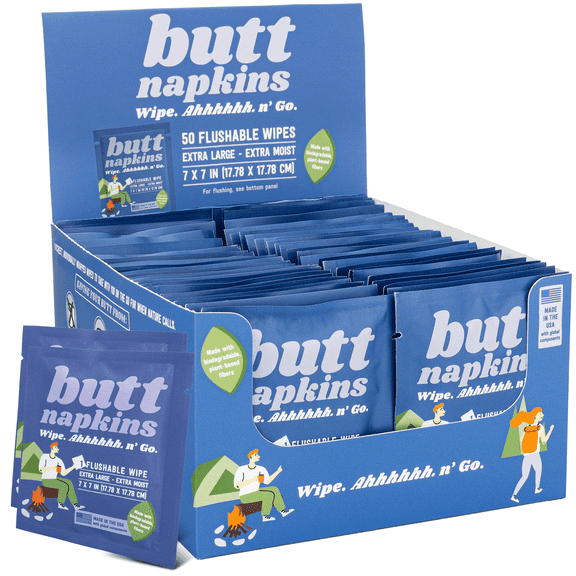 Camping Butt Napkins, 50 Individually Wrapped, Water-Based Flushable Wipes, Unscented