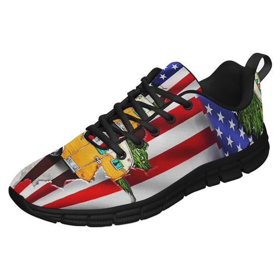 Camping Camper American Flag Running Shoes Sneakers Mesh Black Size 4.5