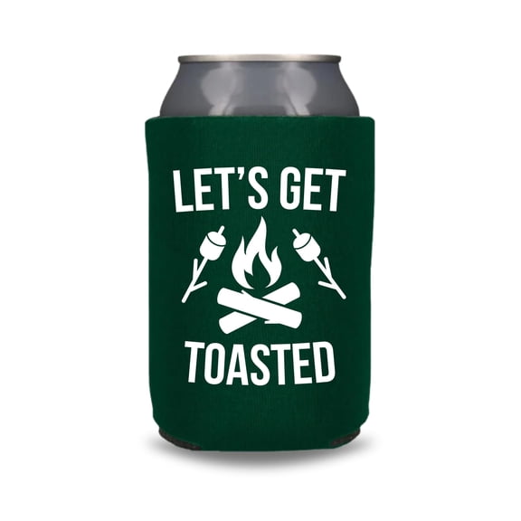 Camping Can Cooler, Let's Get Toasted, Funny Camping Trip Coolies, Camping Trip Kit and Gift Ideas, Outdoor Drink Accessory (Forest Green)