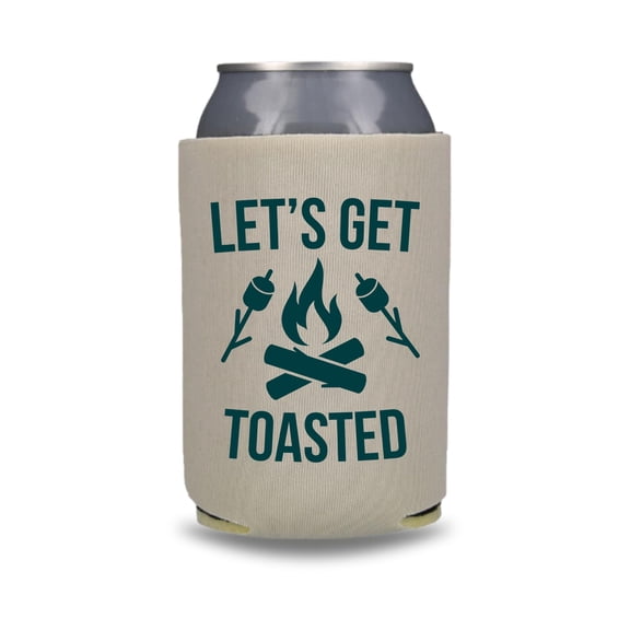 Camping Can Cooler, Let's Get Toasted, Funny Camping Trip Coolies, Camping Trip Kit and Gift Ideas, Outdoor Drink Accessory (Sandstone)