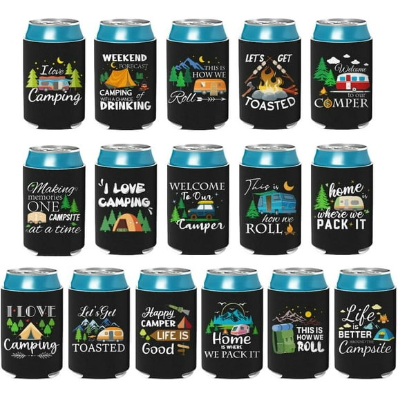 Camping Can Sleeves 16Pcs Funny Beer Sleeves for Can Cooler for Men 12oz Reusable Insulated Neoprene Drink Can Cooler Sleeves Beer Can Cover Picnic Outdoor Gift Forest RV Mountain Tent