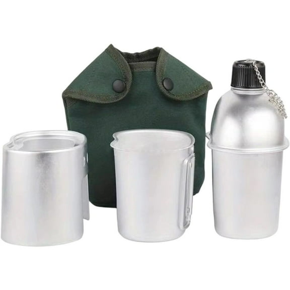 Camping Canteen Cookware Set Aluminum Military Canteen Water Bottle Stove Set with Cover Bag for Camping Hiking Backpacking Hunting