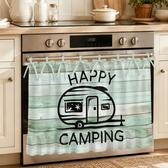 Camping Car Oven Skirt Curtain 32"Wx24"L,Waterproof Ruffled Stove Cover Skirt with 8 Ribbon Ties,Farmhouse Cabin Retro Green Wooden Grain Decorative Oven Door Curtains for Kitchen Cabinet Storage