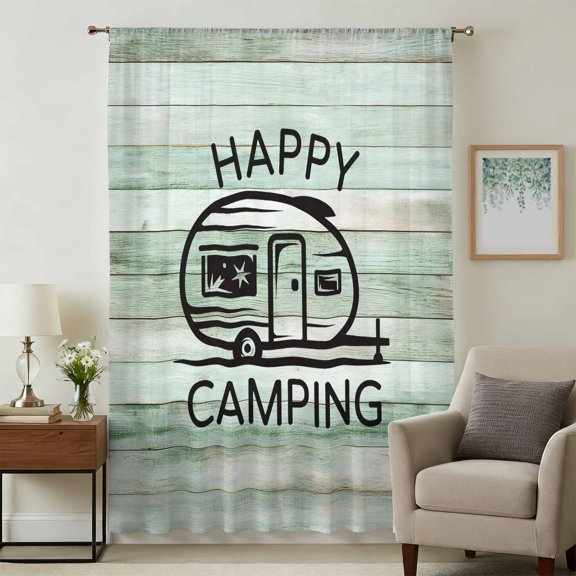 Camping Car Sheer Curtains 45 Inches Long, Farmhouse Cabin Retro Green Wooden Grain Light Filering Curtains, Breathable Simi Curtain Privacy Drapes for Kitchen Bathroom Small Window Treatment