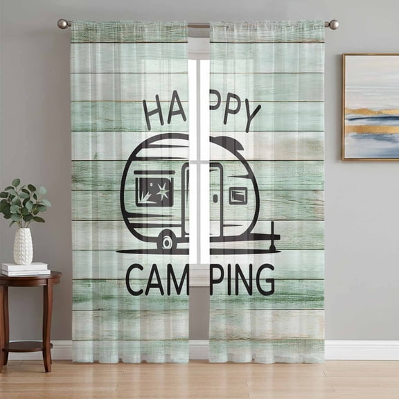 Camping Car Sheer Curtains 63 Inch Length 2 Panels Set, Farmhouse Cabin Retro Green Wooden Grain Voile Window Treatment Rod Pocket Curtains Sheers Drapes for Bedroom/Living Room/Kitchen 52x"63"x2
