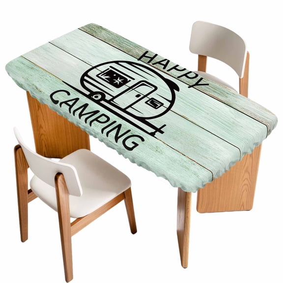 Camping Car Table Cloths for 4 Foot Rectangle Tables, Farmhouse Cabin Retro Green Wooden Grain Patio Waterproof Elastic Fitted Tablecloths, Washable Rectangular Table Cover for Camping