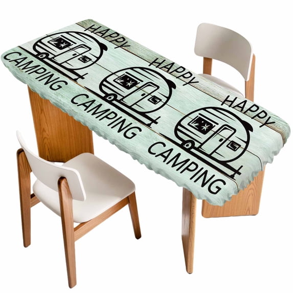 Camping Car Table Cloths for 8 Foot Rectangle Tables, Farmhouse Cabin Retro Green Wooden Grain Patio Waterproof Elastic Fitted Tablecloths, Washable Rectangular Table Cover for Camping