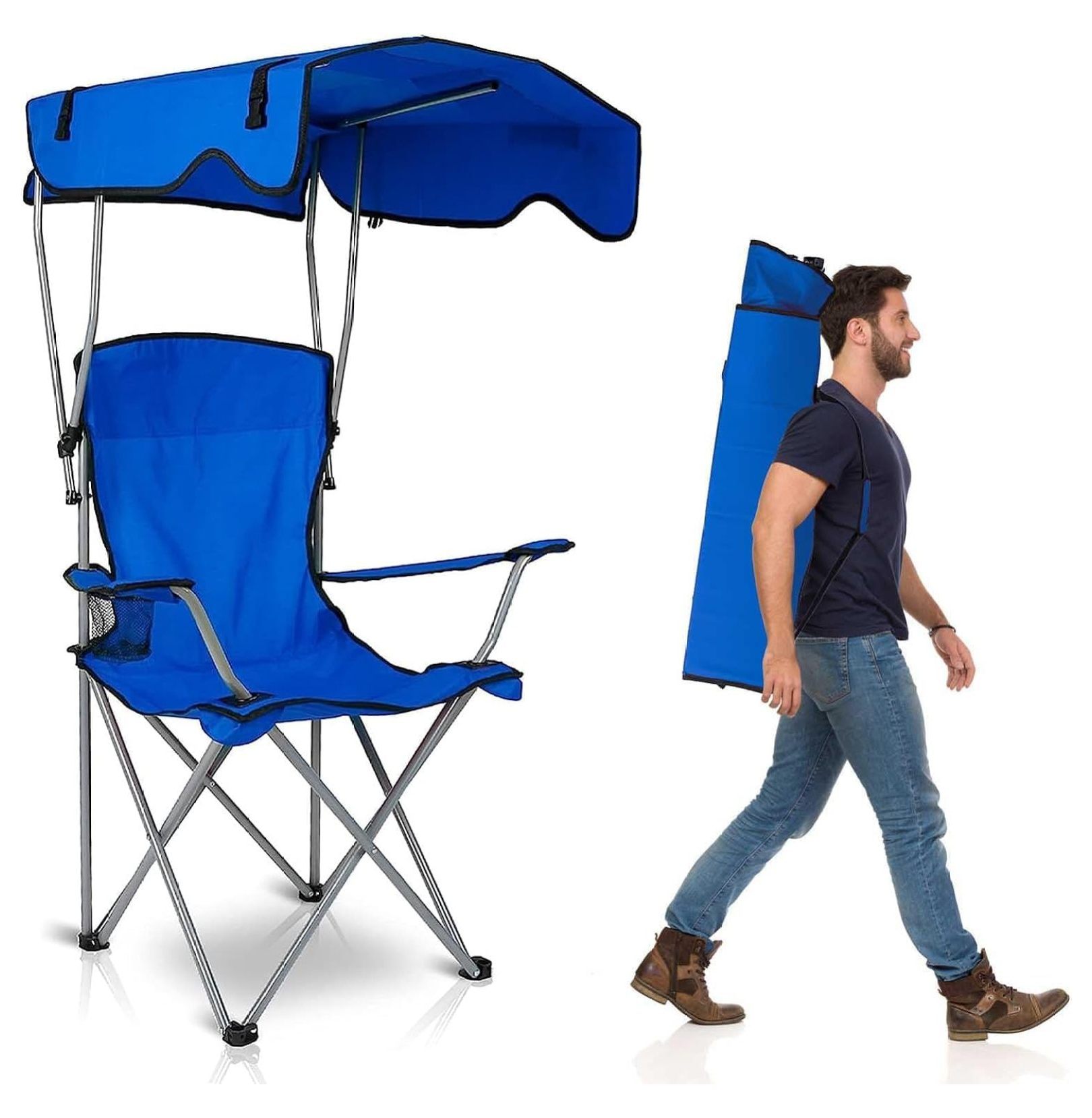 Camping Chair with Canopy, Outdoor Folding Lounge Chair with Adjustable