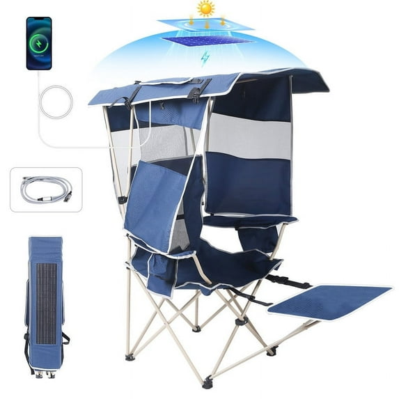 Camping Chair, Fishing Chair, Chair with Shade, Outdoor Chair, Folding Chair, Sports Chair with Canopy, 30W Solar Panel for Charging Electronics, Footrest, Cupholder & Cooler Bag (Navy Blue 1-Pack)