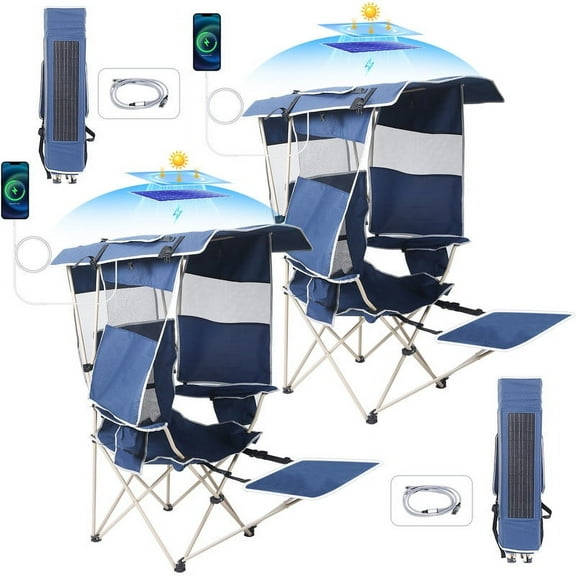 Camping Chair, Fishing Chair, Chair with Shade, Outdoor Chair, Folding Chair, Sports Chair with Canopy, 30W Solar Panel for Charging Electronics, Footrest, Cupholder & Cooler Bag (Navy Blue 2-Pack)