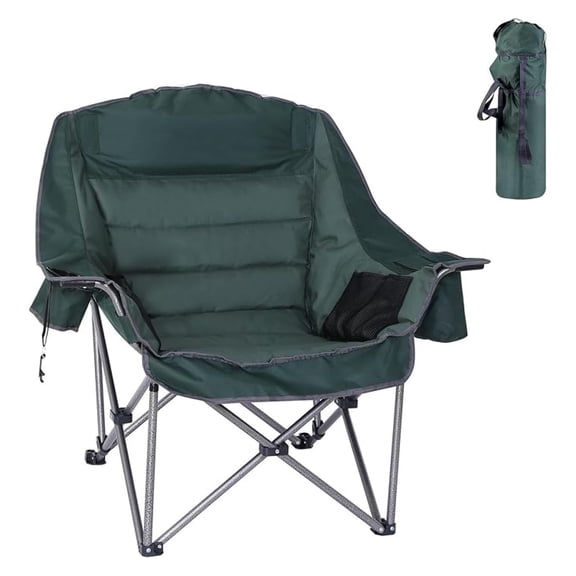 Camping Chair, Padded Camping Chair Cushioned Extra Wide, Lounge Patio Chair for Adults, Heavy-Duty 400Lbs with Cooler, Cup Holder, and Carry Bag (Green, 1-Pack)