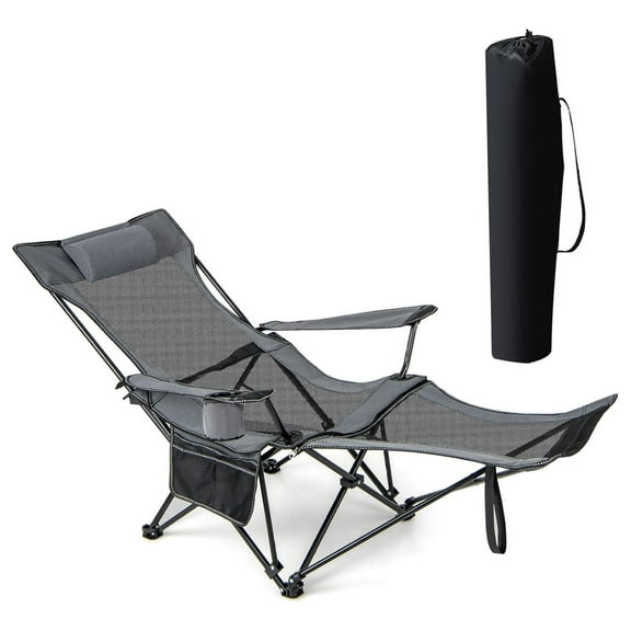 Camping Chair Reclining Lounge Chair w/Footrest, Cup Holder, Grey