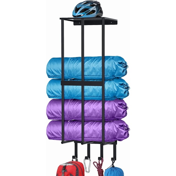 Camping Chair Wall Storage for Garage, Metal Camping Chair Storage Rack Wall Holder, Floating Shelf, 4 Hooks, Stainless Steel, Beach Chair Rack, Umbrella Holder, Garage Chair Organizer, Matte Black