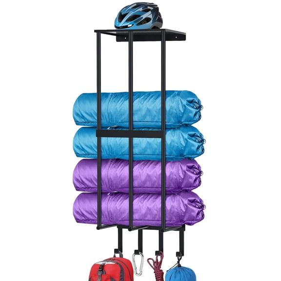 Camping Chair Storage Rack for Wall, Metal Organizer Shelf with 4 Hooks, Wall Mount Beach Chair Holder, Umbrella Rack, Garage Storage and Garage Organization, Black