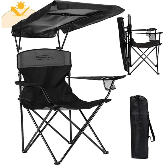 Camping Chair with Adjustable Canopy and Side Pocket, Portable Lightweight Oversized Design, Black, 1-Person