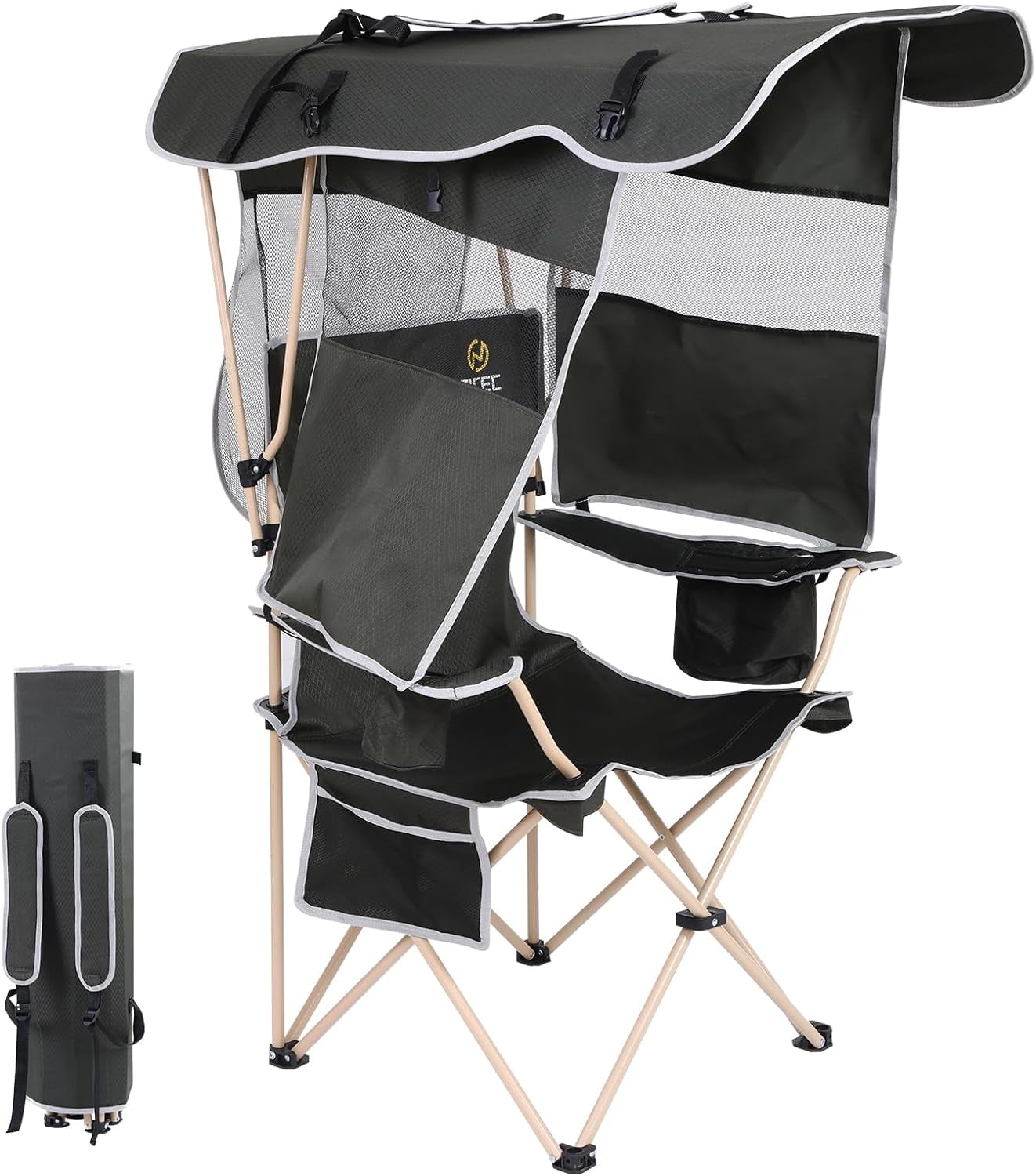 Green Folding Camping Chair with Detachable Canopy and Armrests