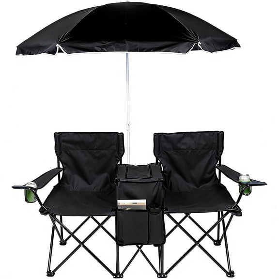 COWIN Outdoor Foldable Picnic Double Chair ,Camping Chairs with Umbrella Camping Double Portable Chairs Folding Beach Chair with Insulation Bag,Backpacking Black