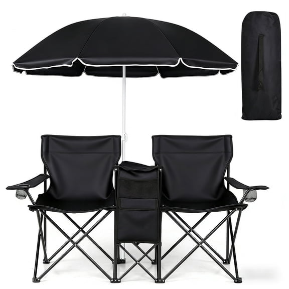 COWIN Outdoor Foldable Picnic Double Chair ,Camping Chairs with Umbrella Camping Double Portable Chairs Folding Beach Chair with Insulation Bag,Backpacking Black