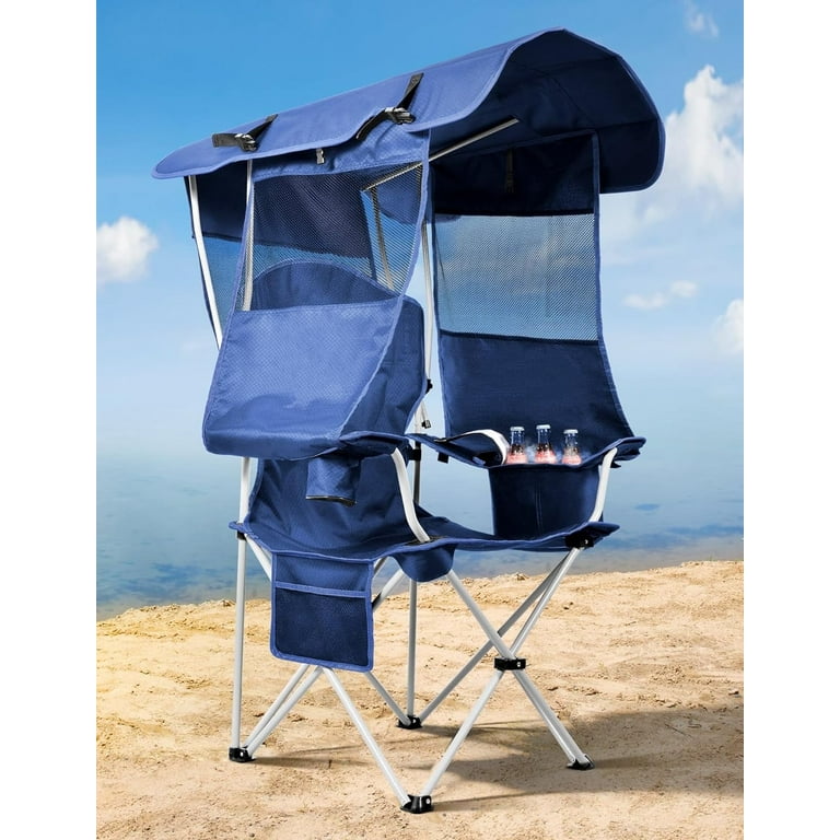 Camping Chairs with Cooler Pouch, Foldable Beach Chair with Canopy