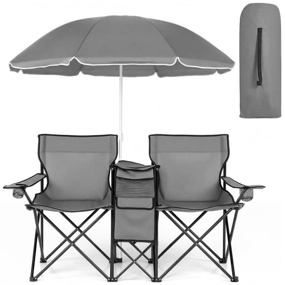 COWIN Outdoor Foldable Picnic Double Chair ,Camping Chairs with Umbrella Camping Double Portable Chairs Folding Beach Chair with Insulation Bag,Backpacking Gray