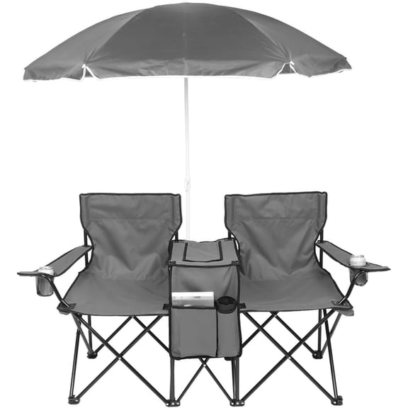 COWIN Outdoor Foldable Picnic Double Chair ,Camping Chairs with Umbrella Camping Double Portable Chairs Folding Beach Chair with Insulation Bag,Backpacking Gray