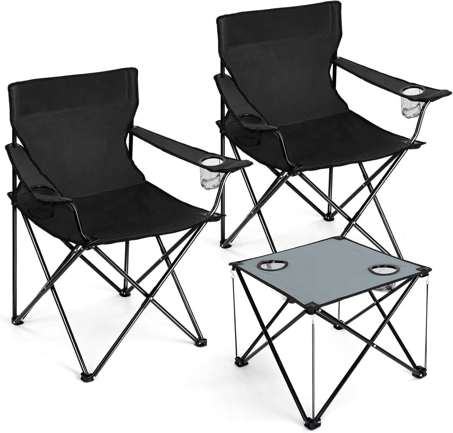 Outdoor Folding Camping Chairs and Table Set with Carrying Bag-Black