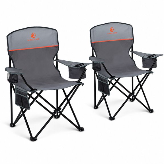 Camping Chairs with 4-Can Cooler Bag, Folding Chair 2 Pack, Grey Alloy Steel, for Camping and Tailgating