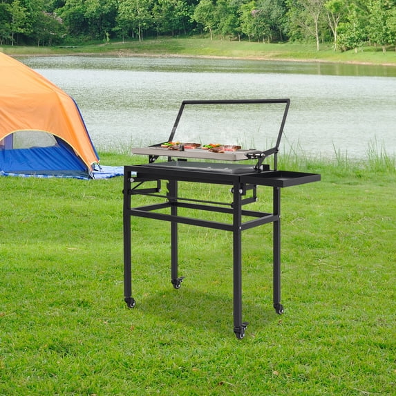 Camping Charcoal Grill, Foldable Legs & Brake Wheels, 5-Height Temperature Control, 360° Safe Flipping Basket, Perfect for Picnics/Tailgating