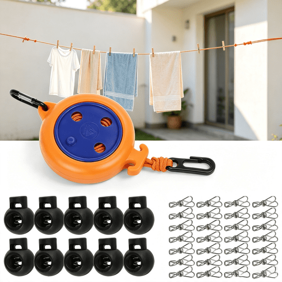 Camping Clothesline Retractable Buckle Rope Travel Clothesline Heavy Duty Retractable Clothesline Outdoor, Portable Clothesline with 10 Fixed Buckles & 20 Clothespins for Indoor Outdoor Drying