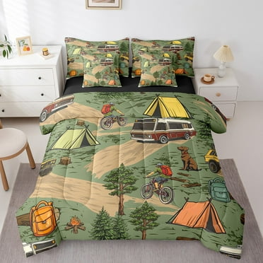 Camping Comforter Set Queen Size,Rustic Camper Bedding Set Teens,Farmhouse (Comforter+Fitted+Flat Sheet+2 Pillowcases+2 Throw Pillow Covers) 7 Pieces Bed Set