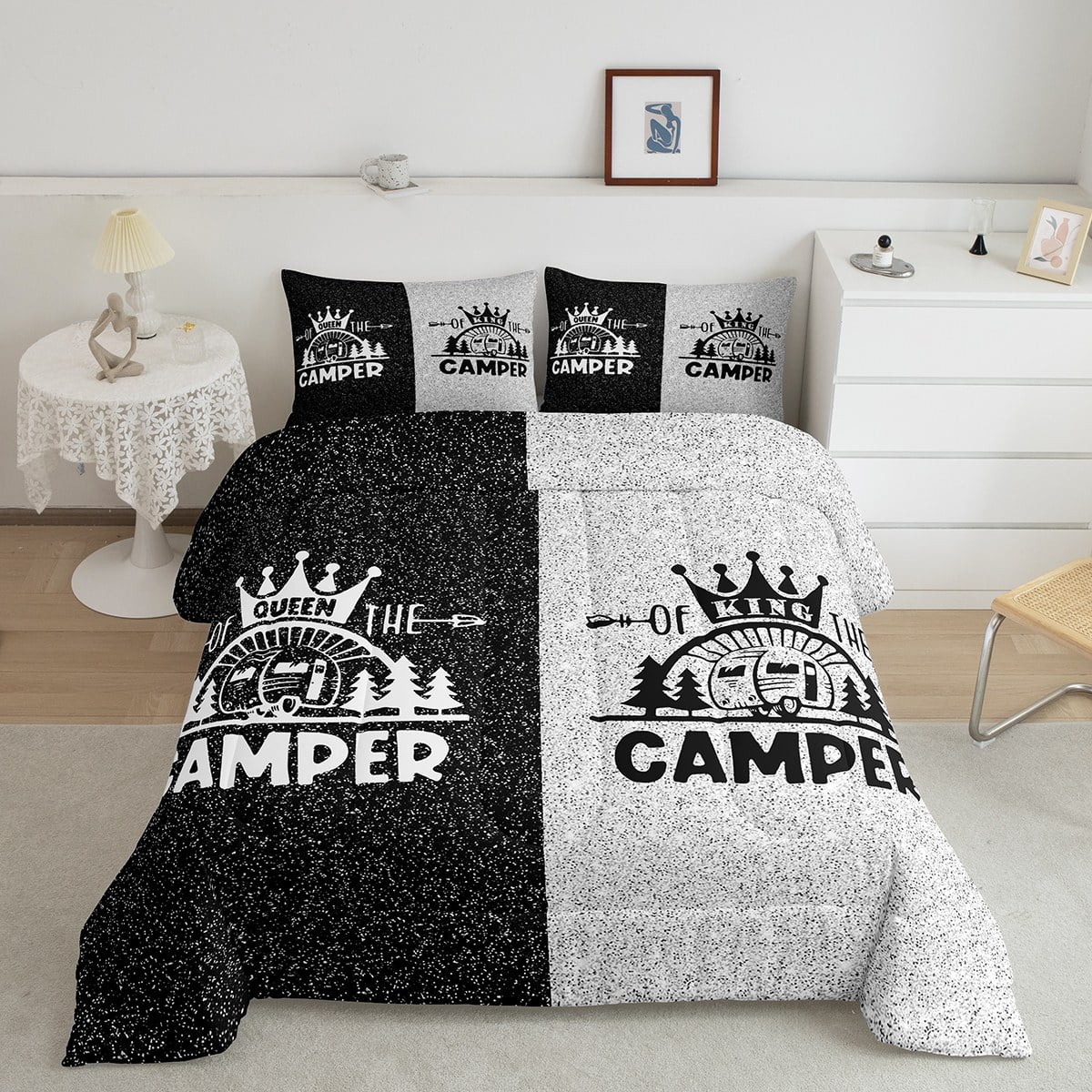 Camping Comforter Set RV Camper Decor,King and Queen Camper Bedding