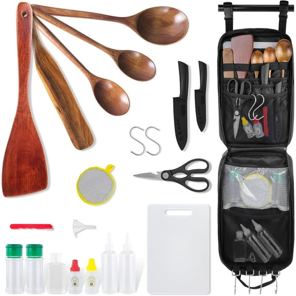 Camping Cooking Cookware Set - Upgraded 22PCS Camp Kitchen Organizer with Wooden Utensils, Portable Gear for Outdoor Dining Essentials
