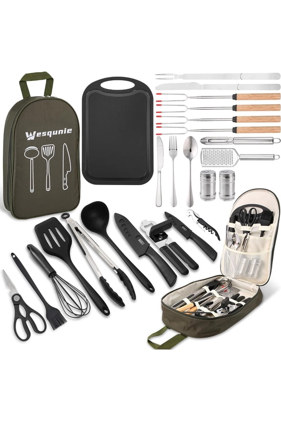 Camping Cooking Essentials Utensils Set - Camp Cookware Kitchen Accessories Kit, Camper Gear Must Haves, Stainless Steel & Silicone, RV Car Portable Outdoor Equipment Tool