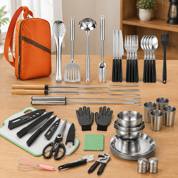 Camping Cooking Set - Camping Utensil Set Car Camping Cooking Essentials Gear for Camp Kitchen Cooking and Grilling, Stainless Steel & Silicone Ideal Gift for RV Tent Camper, Picnics, BBQs