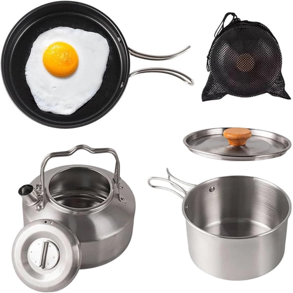 Camping Cooking Set -Portable Stainless Steel Kettle with Storage Bag, Non-Stick Lightweight Pot Pan Kettle Set ， Camping Cookware Set,for Kitchen Home Outdoor Picnic(1set )