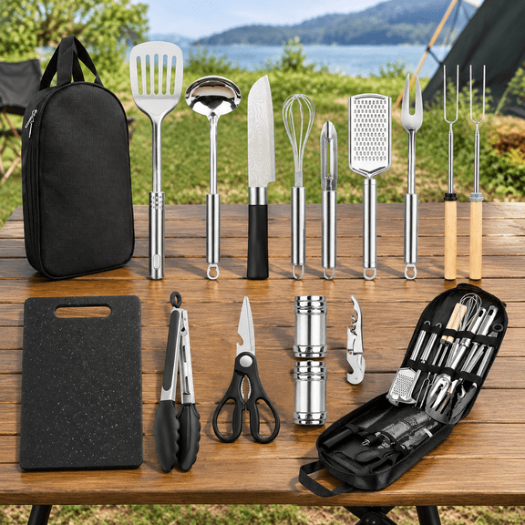 Camping Cooking Utensils Set, Stainless Steel Grill Tools, BBQ Cookware Gear and Equipment for Travel Tenting RV Van Picnic Portable Kitchen Essentials Accessories