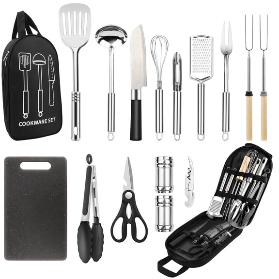 Camping Cooking Utensils Set  Stainless Steel Grill Tools Bbq Cookware Gear And Equipment For Travel Tenting Rv Van Picnic Portable Kitchen Accessories