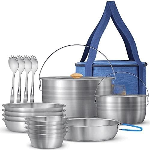 Camping Cookware & Dinnerware Set- 17 Pieces Stainless Steel Pots and Pans Set with Plates, Bowls & Sporks in Travel Mesh Bag for Camping, Trekking, Backyard Picnic & Backpacking Gear