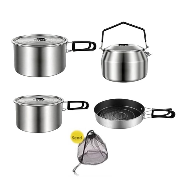 Camping Cookware Mess Kit, 4-Piece SUS304 Stainless Steel Camping Pots and Pans Set with 1.1L Kettle, Healthy No-Coating Nesting Cooking Set for Hiking & Backpacking, Silver (1 Set)